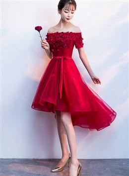 Picture of Dark Red Color High Low Flowers Homecoming Dresses, Charming Prom Dresses